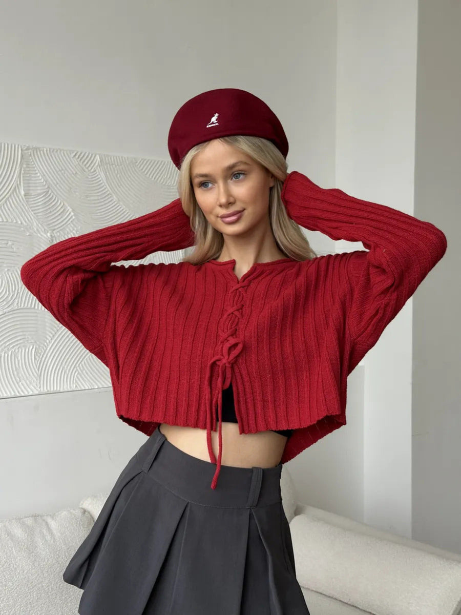 pullover sweater in Apricot with lace-up and cropped