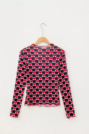 Plaid Heart Mesh Sheer Long Sleeve Top, view 12