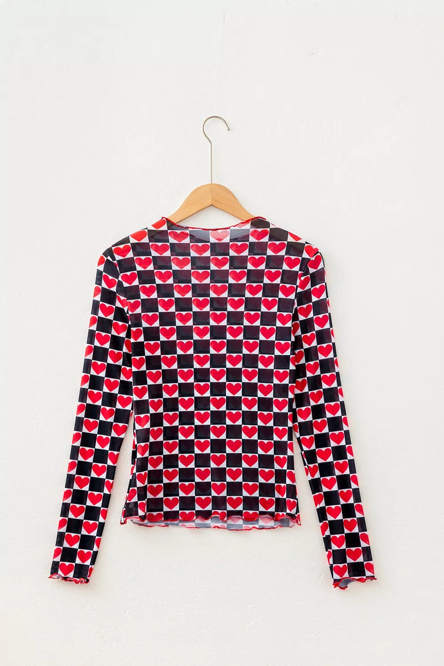 Plaid Heart Mesh Sheer Long Sleeve Top, view 12