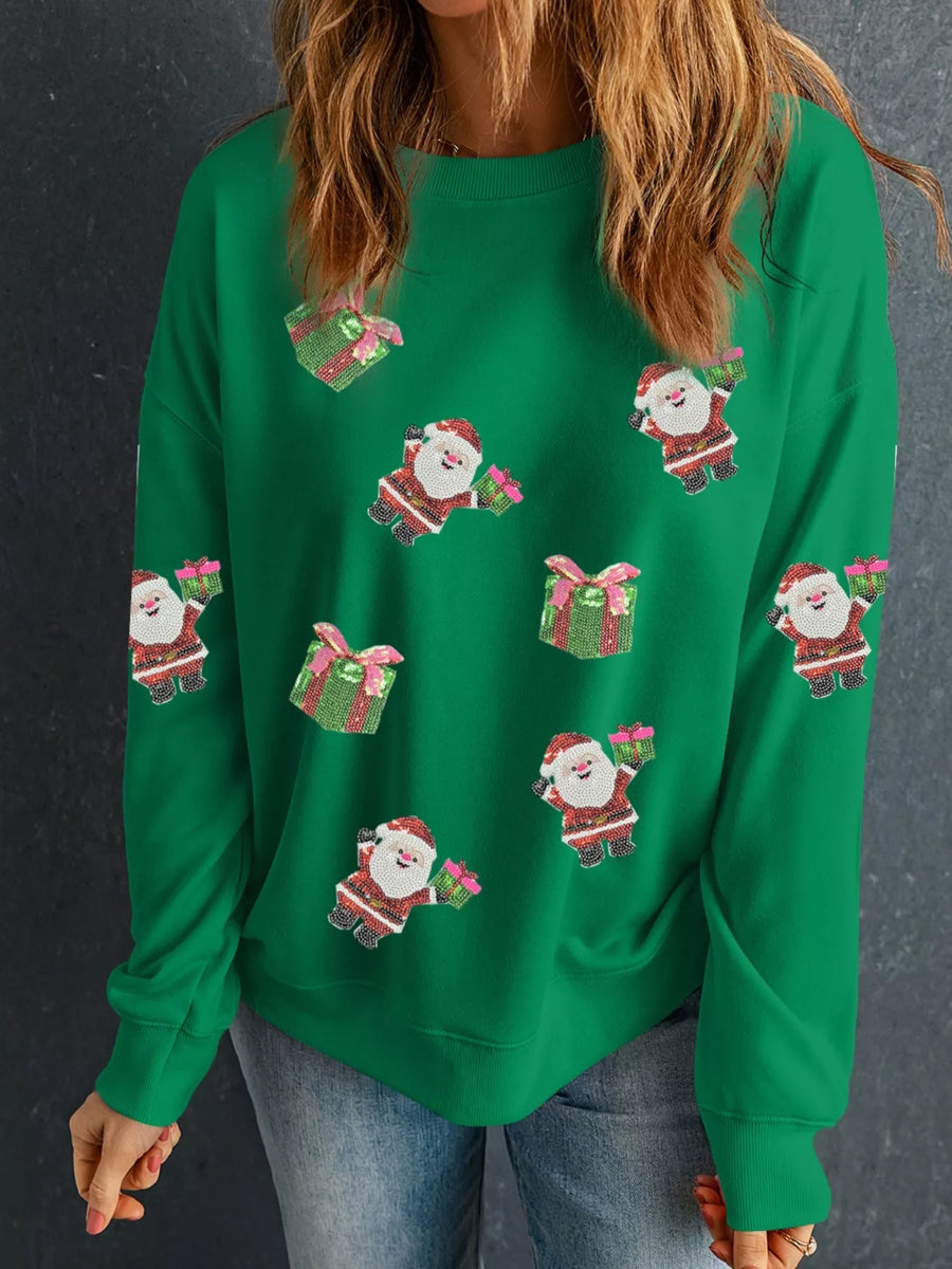 Green sweatshirt with sequin Santa and gift print, crew neck, long sleeves.