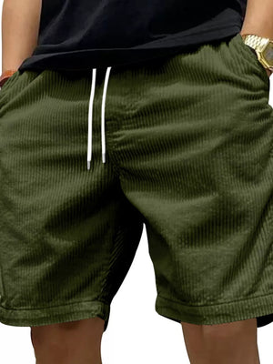 Men's army green corduroy shorts with white drawstring and pockets
