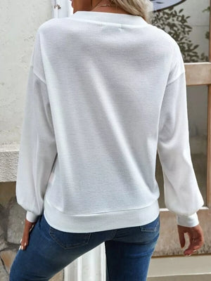 Casual V-neck Waffle Long Sleeve Top in Black