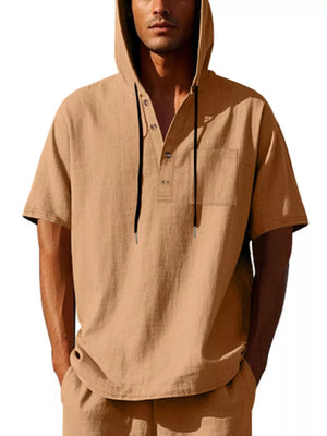 Short sleeve hooded shirt in tan linen blend with button placket and chest pocket.