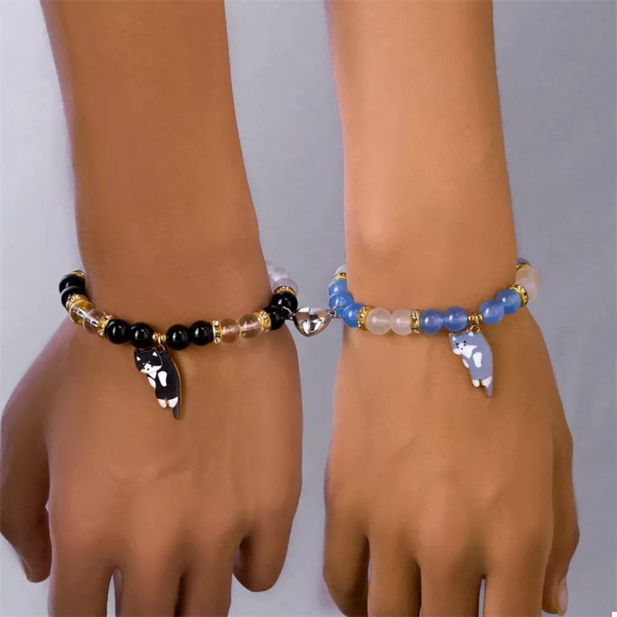 2 Piece 18k Gold-plated Beaded Cat Charm Bracelet in Style D with beaded