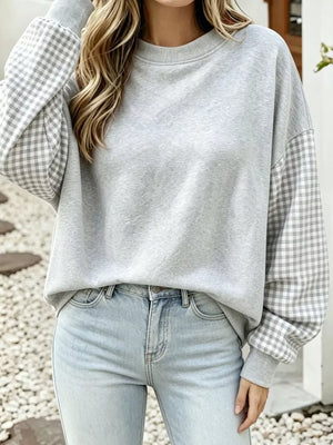 sweatshirt featuring gingham in Light Gray with 65% polyester, 30% viscose, 5% elastane Care instructions: Machine wash cold