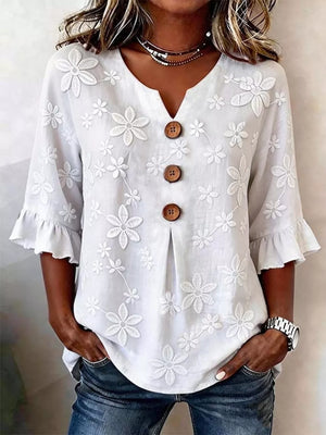 White Full Size Floral Button Decor 3/4 Sleeve Blouse