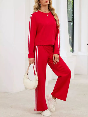 Striped Round Neck Sweatshirt And Pants Set in Black, view 11