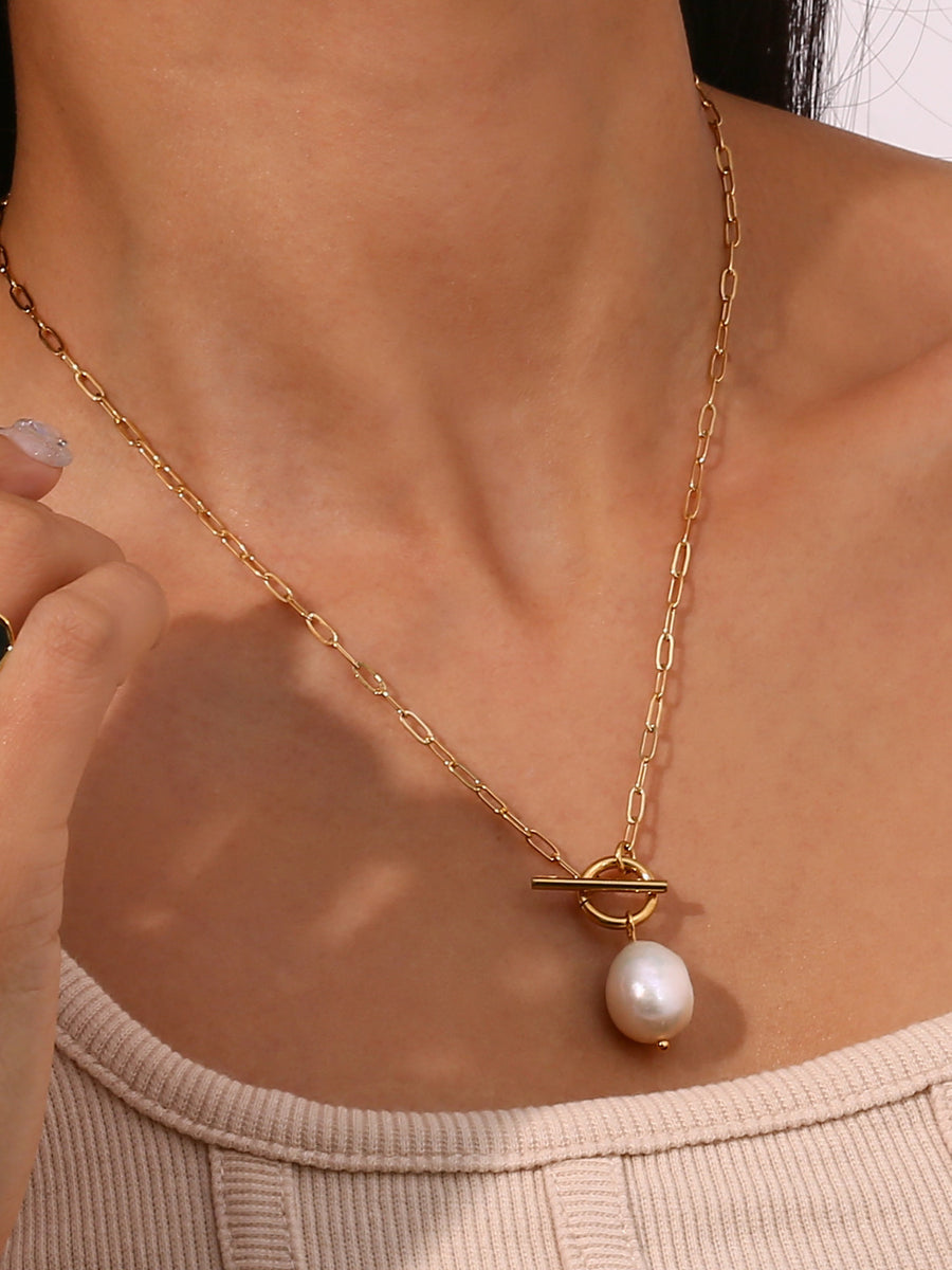 18K Gold-Plated Baroque Pearl Pendant Necklace in gold with layered design