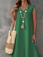 Green loose maxi dress with v-neck
