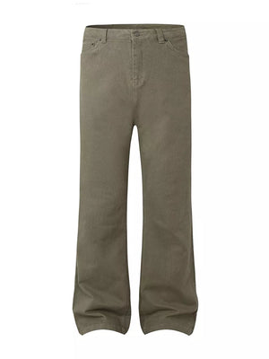 Men's high-waisted flare leg trousers in olive green with a relaxed fit.