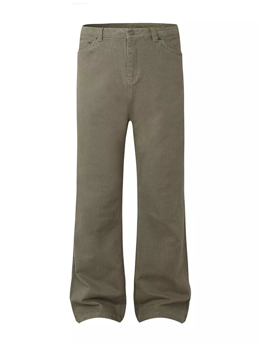 Men's high-waisted flare leg trousers in olive green with a relaxed fit.