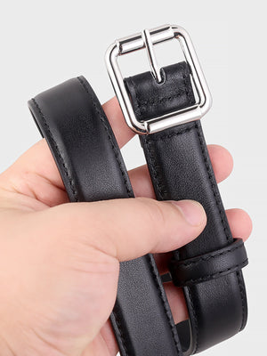 Black cowhide leather belt with square silver buckle and stitched detail