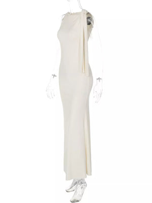 Cream asymmetrical draped maxi dress with tie shoulder detail