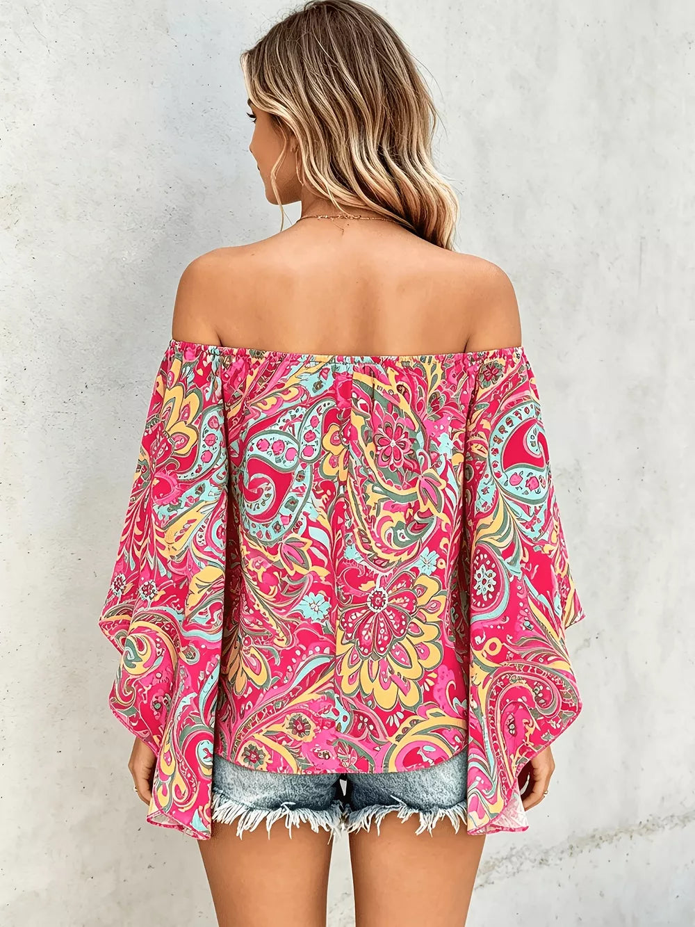 bohemian off-shoulder top in Blue with off-shoulder
