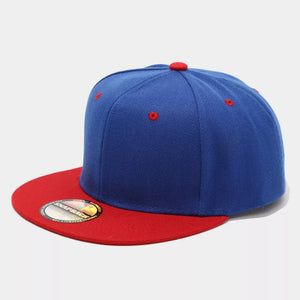 red cap featuring flat brim and color-block