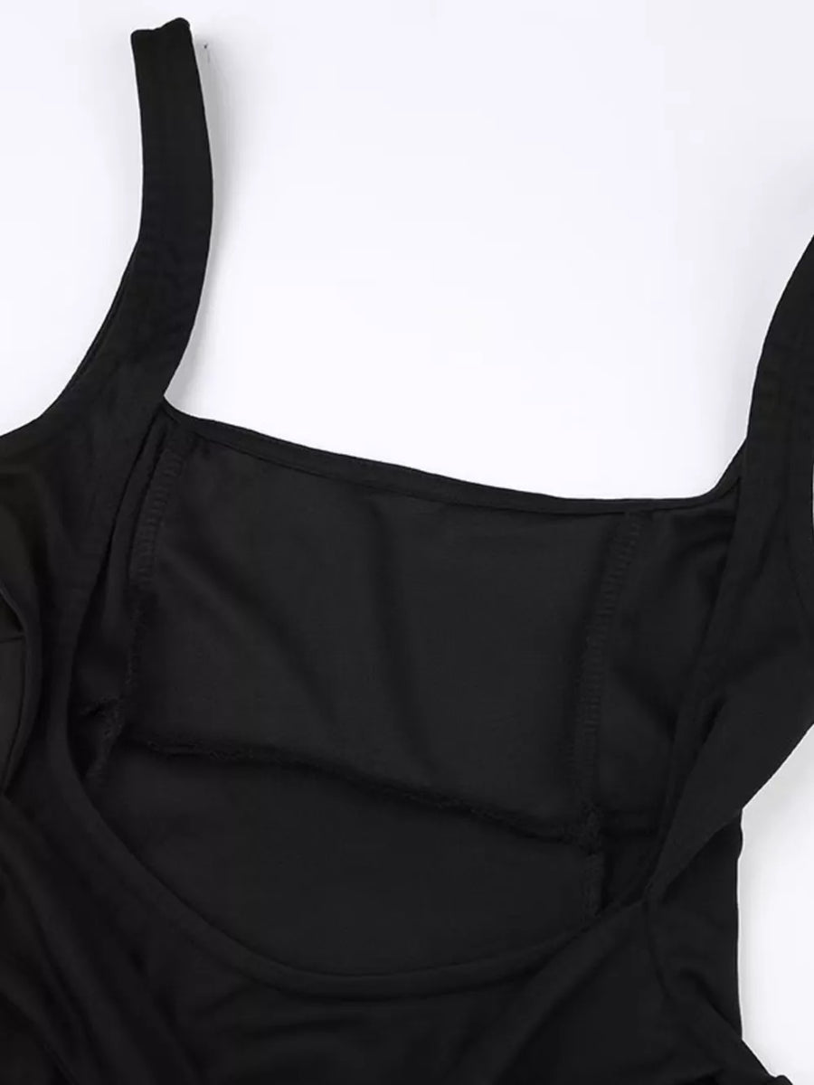 Black mini dress with square neckline and backless detail