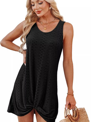 Black eyelet tank dress with twisted hem detail