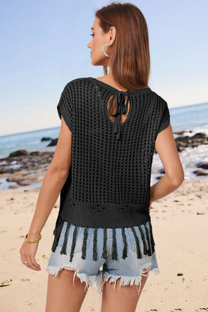 Black open-knit cover-up with tassel hem and back tie detail