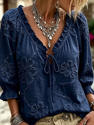 Navy relaxed blouse with v-neck
