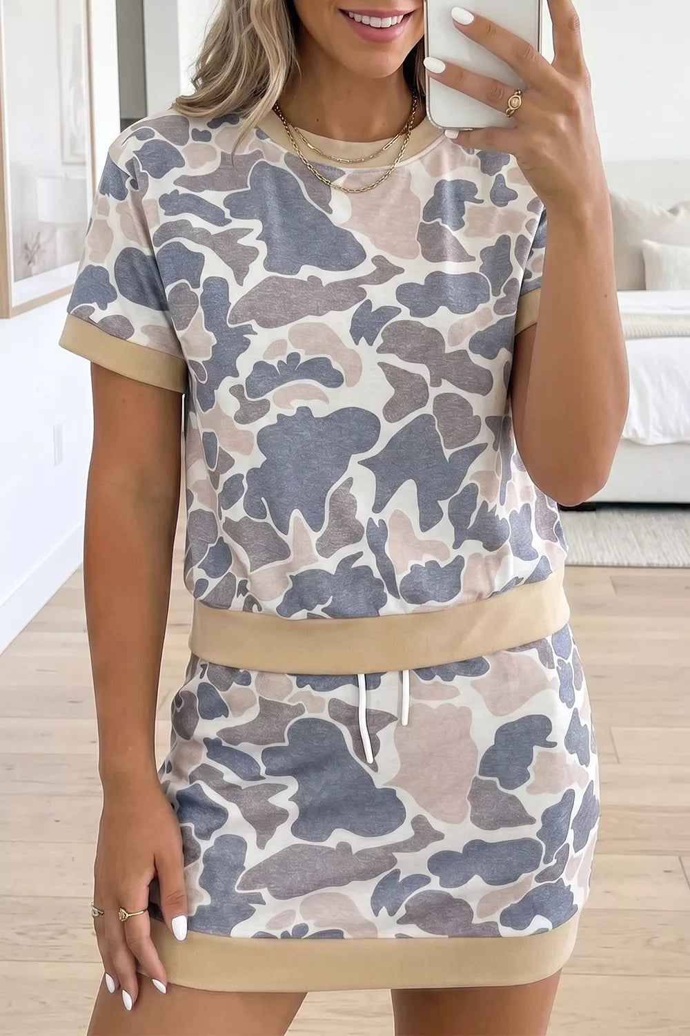 Camouflage Short Sleeve Top And Skirt Set