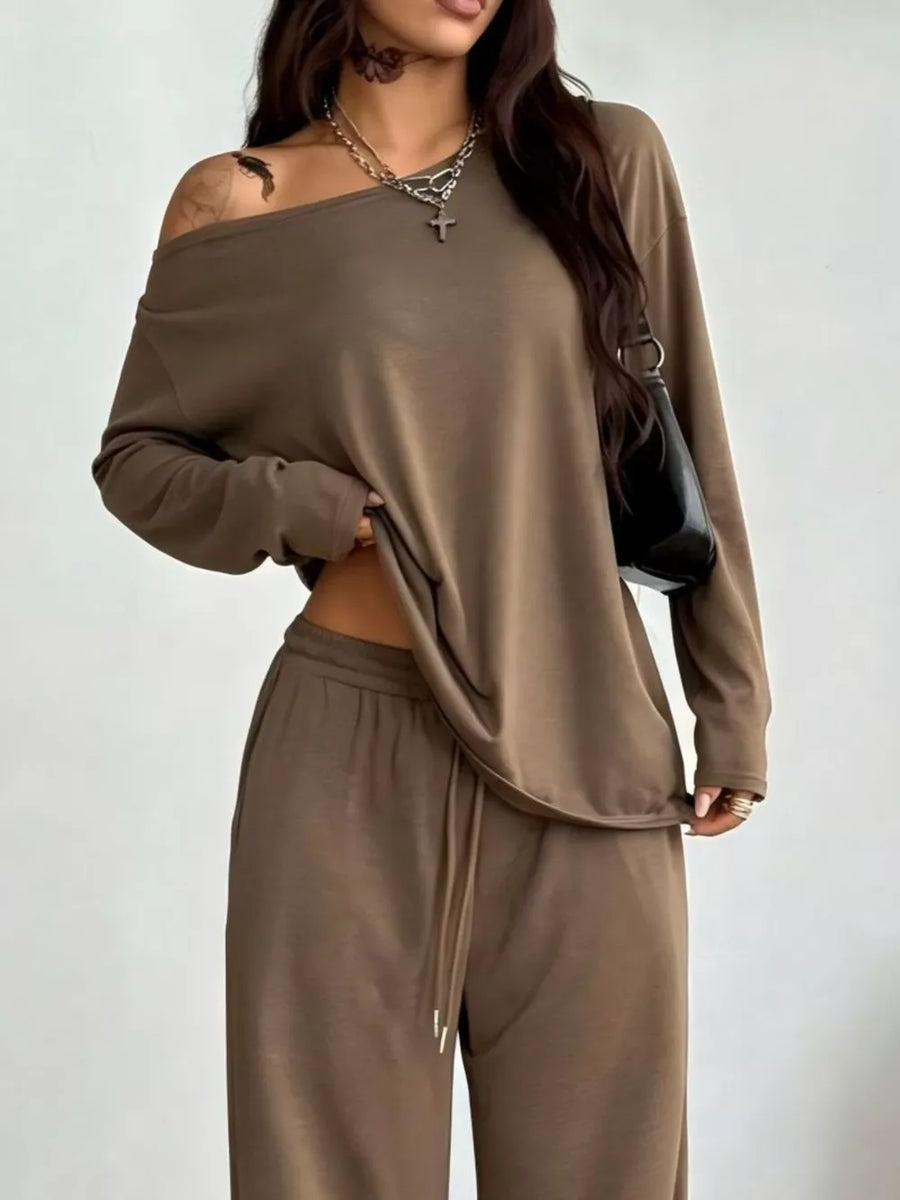 One-shoulder Top And Drawstring Pants Set Plus Size in Apricot, view 22