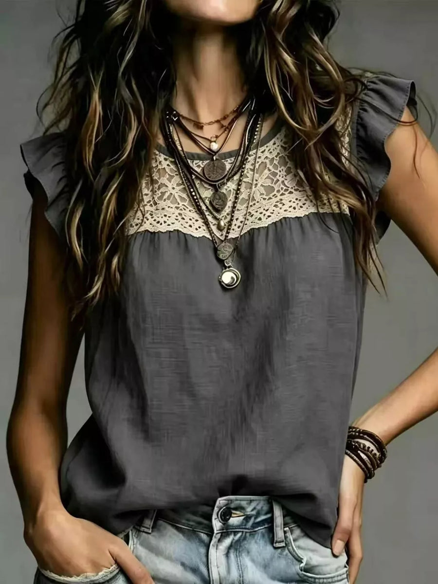 Lace Trim Ruffle Sleeve Blouse Plus Size option 7