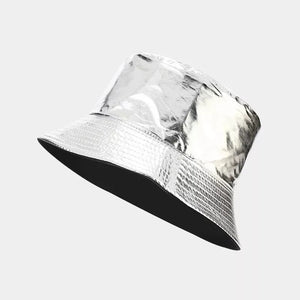 hat in silver featuring wide brim and bucket fit