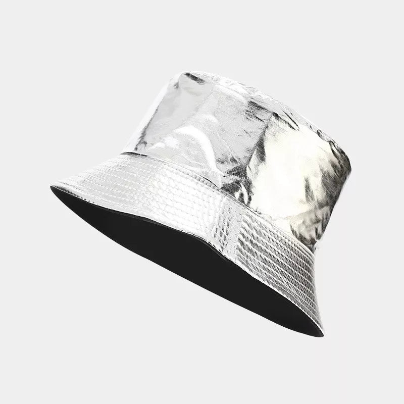 hat in silver featuring wide brim and bucket fit