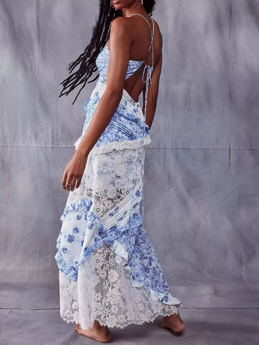 Light blue floral lace maxi dress with ruffles and open back.