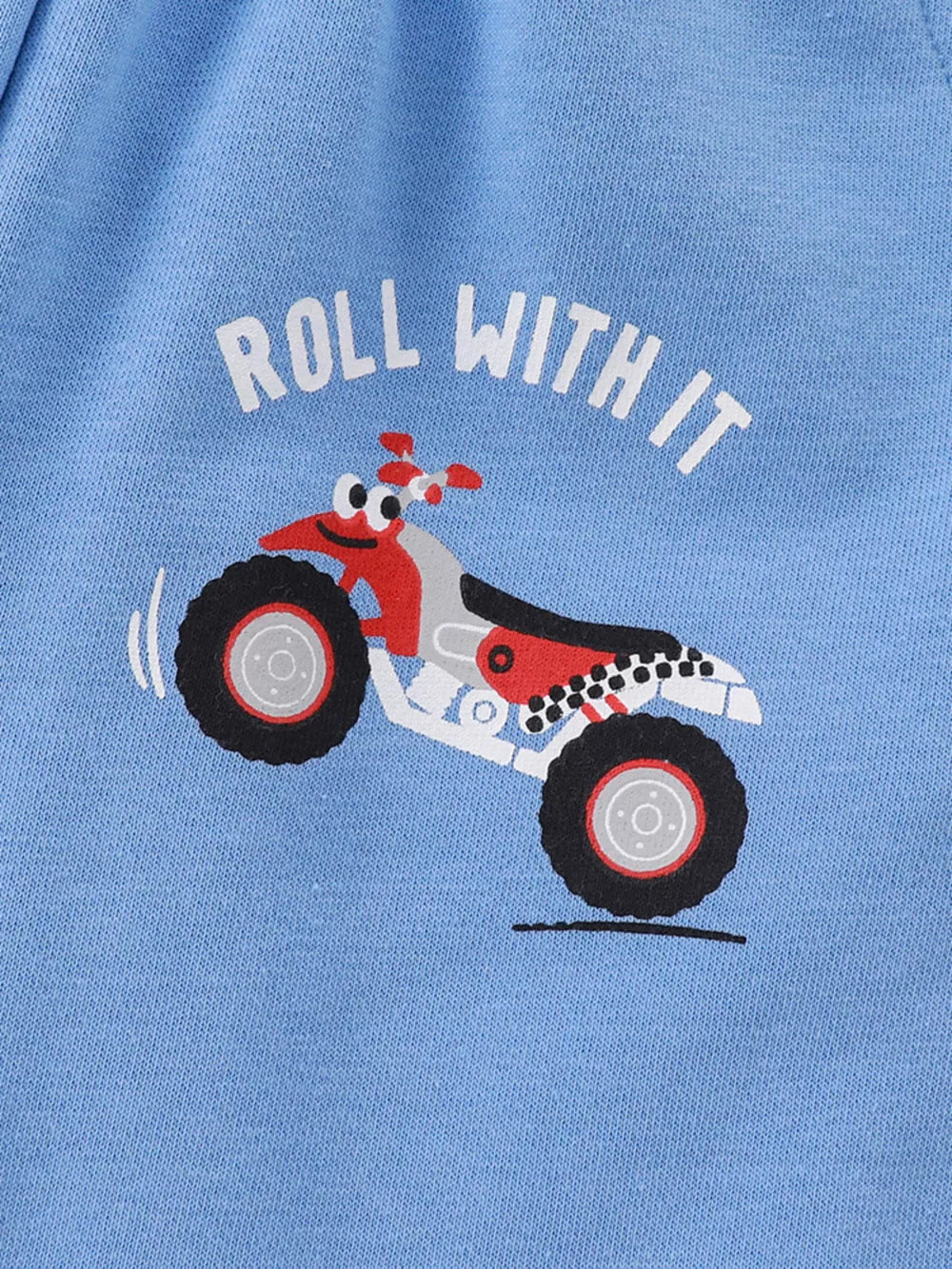 Blue toddler tee with ATV print and "Roll With It" text