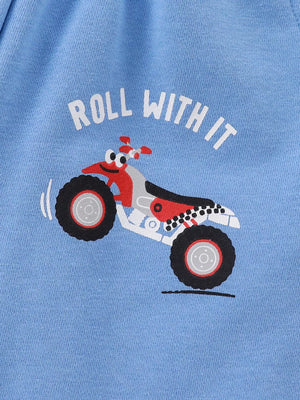 Blue toddler tee with ATV print and "Roll With It" text