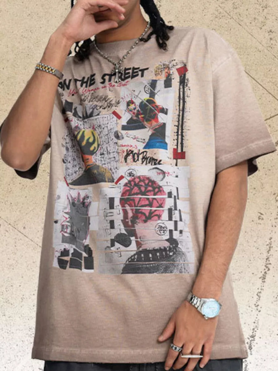 Men's graphic t-shirt in mocha cotton with a round neck and collage art print.