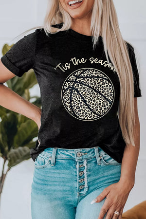 Black t-shirt with leopard print basketball graphic and "Tis the season" text.
