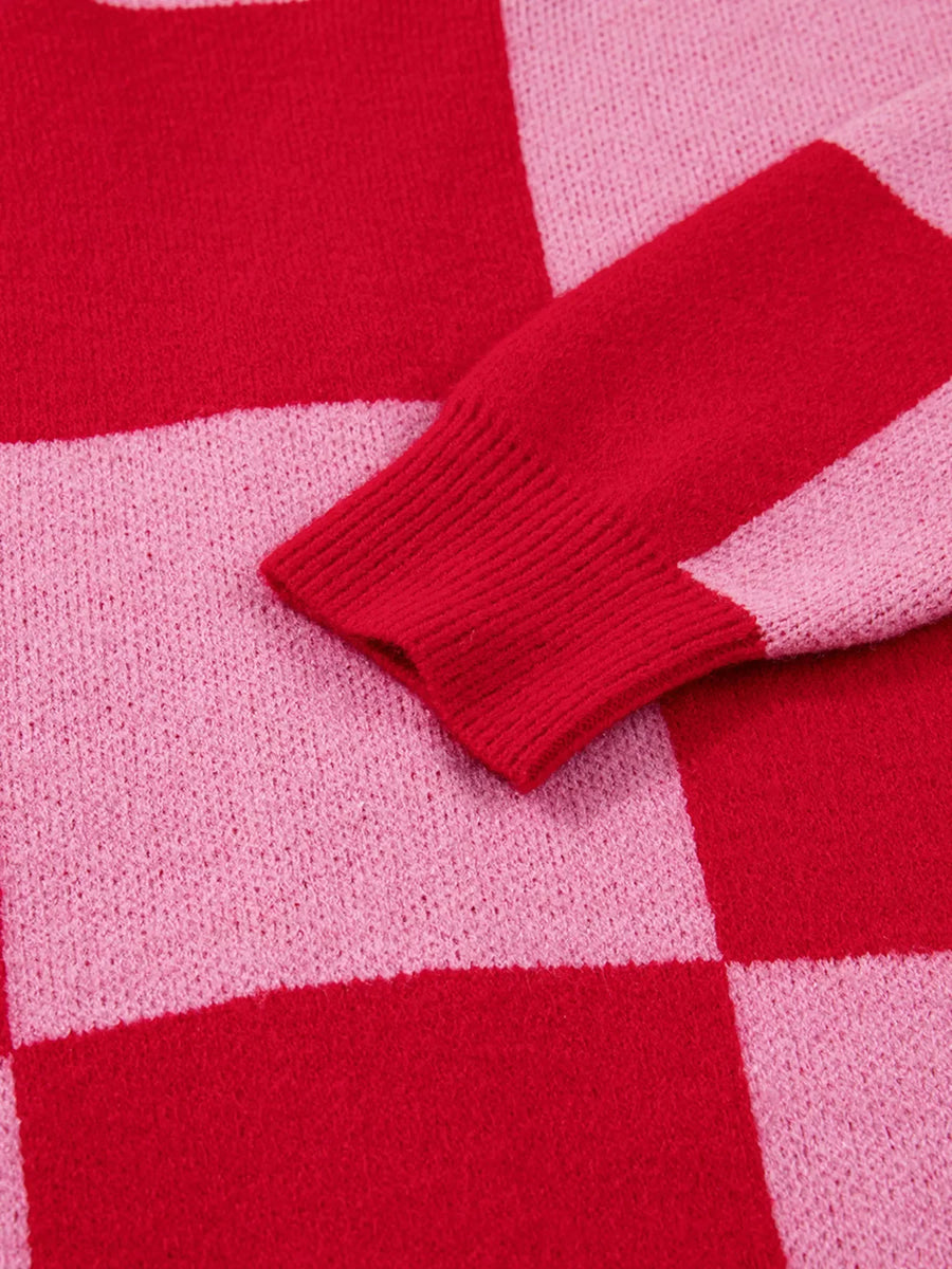 Checkerboard knit cardigan in deep rose with ribbed cuffs and hem detail.
