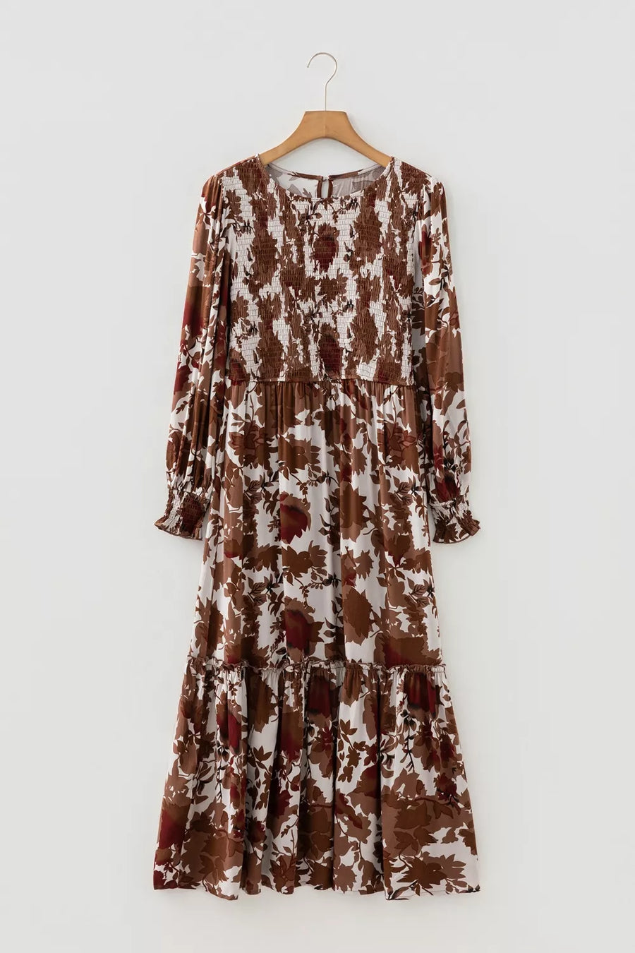 Brown floral maxi dress with smocked bodice and billowy sleeves