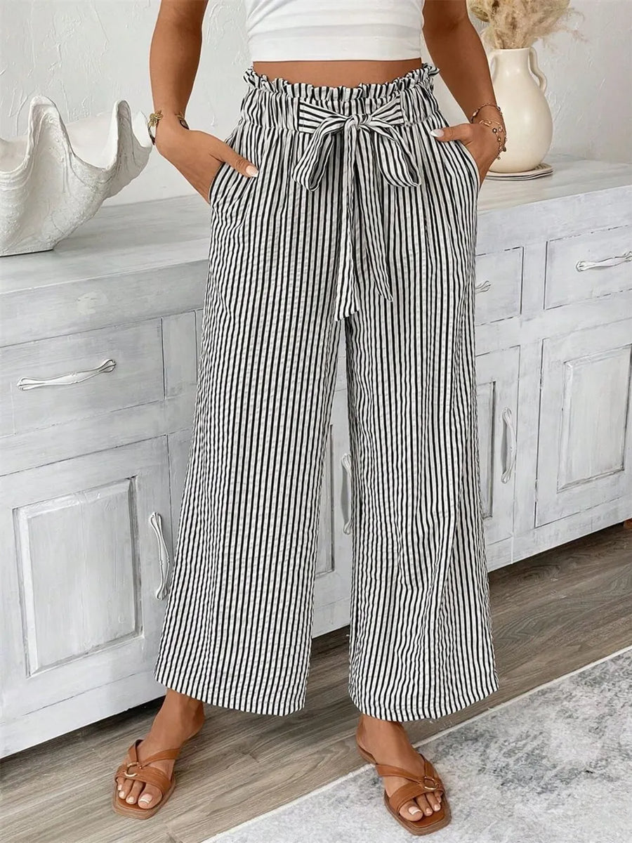 Striped paper bag maternity pants with tie waist and wide leg