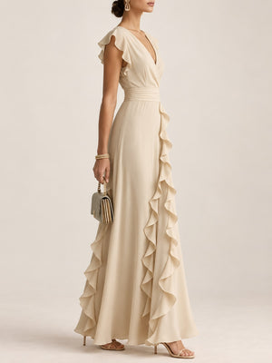 Polyester &amp maxi dress in Apricot with A-line silhouette