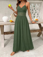 Green cotton blend maxi gown with spaghetti straps, V-neck, lace cinched waist and hem.
