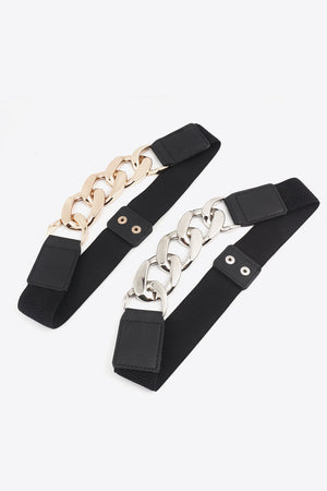 Chunky chain elastic waist belts in black with gold and silver chain details