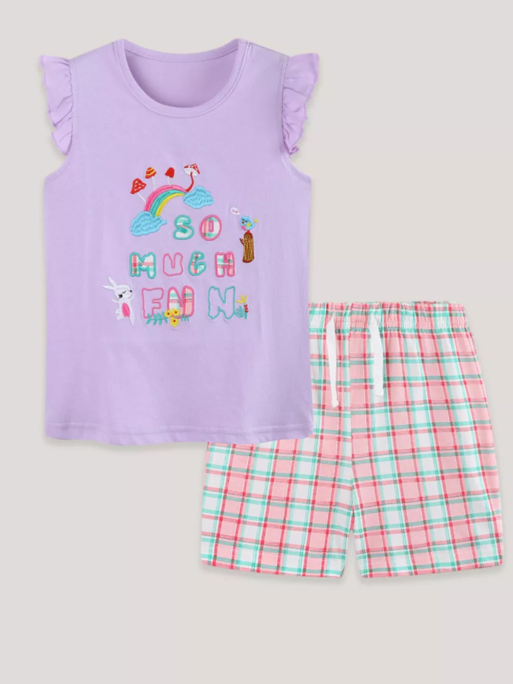 Girls' purple cotton tee with rainbow graphic and ruffle sleeves paired with plaid shorts.