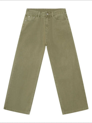 Wide-leg rigid denim trousers in yellow-green with a casual, relaxed fit.