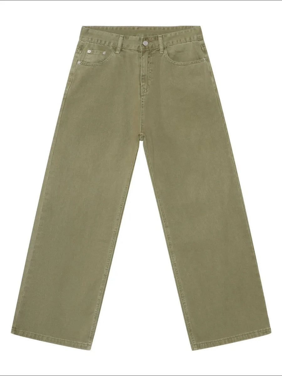 Wide-leg rigid denim trousers in yellow-green with a casual, relaxed fit.