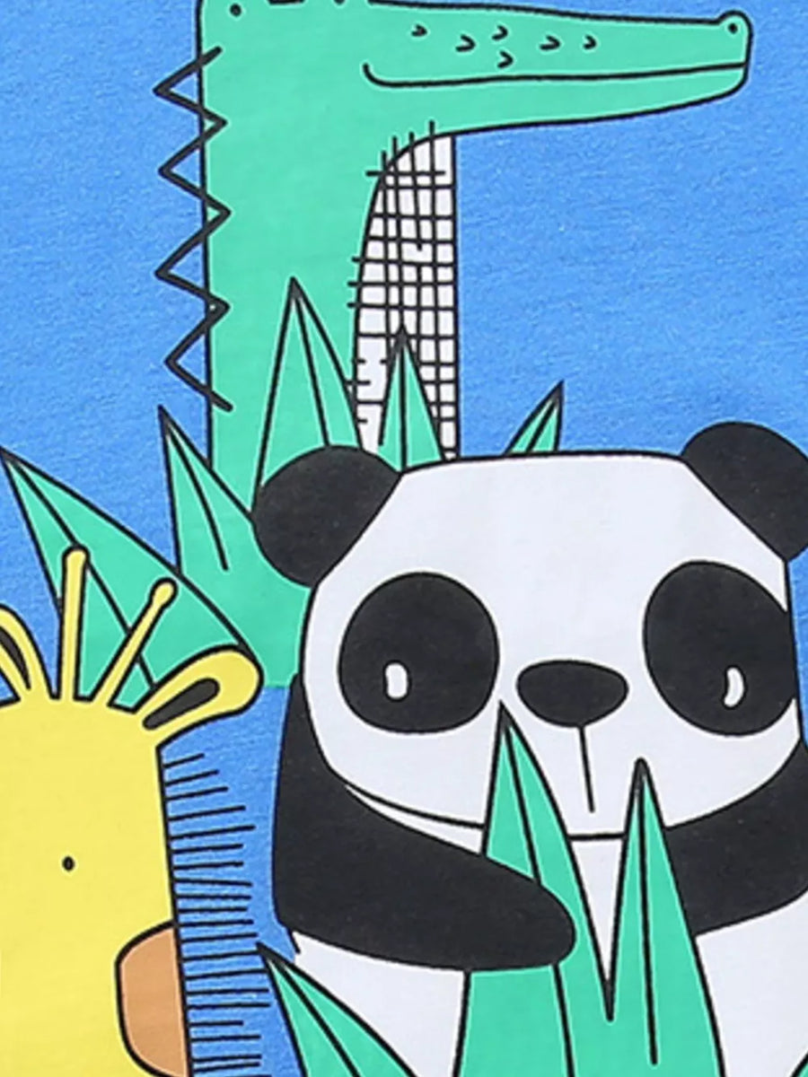 Baby cotton tee with playful animal print featuring a panda, giraffe, and alligator on blue.