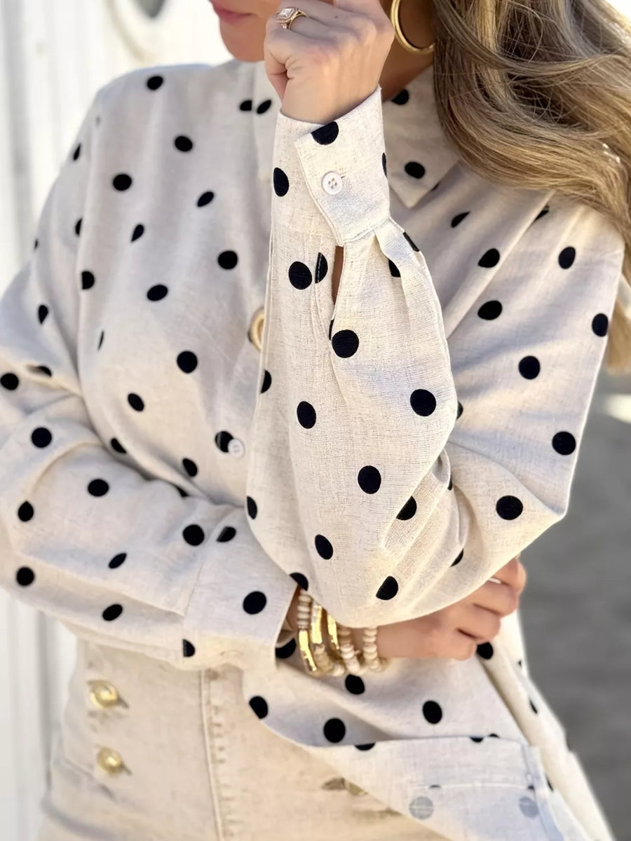 Beige with Polka Dot Button Up Shirt
