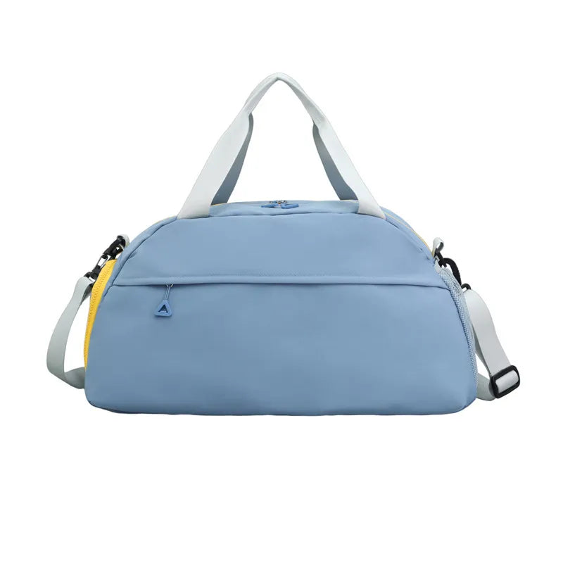 Light blue duffel bag with yellow side accent, white handles, and detachable strap.