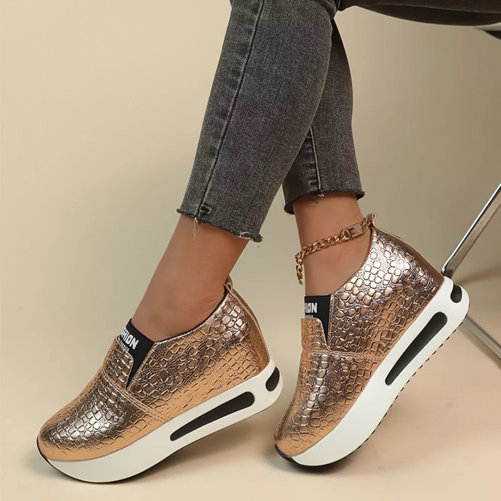 Gold metallic crocodile-embossed platform sneakers with chunky sole
