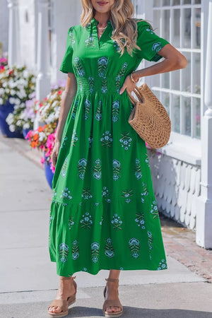 Green floral maxi dress with smocked waist and tiered skirt