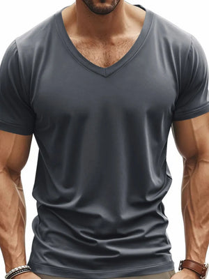 Dark Gray V-neck t-shirt with a modern muscle fit and short sleeves.