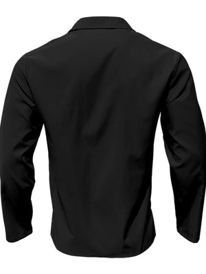 Black long-sleeve men's casual button-down shirt, cotton blend, collared neckline.