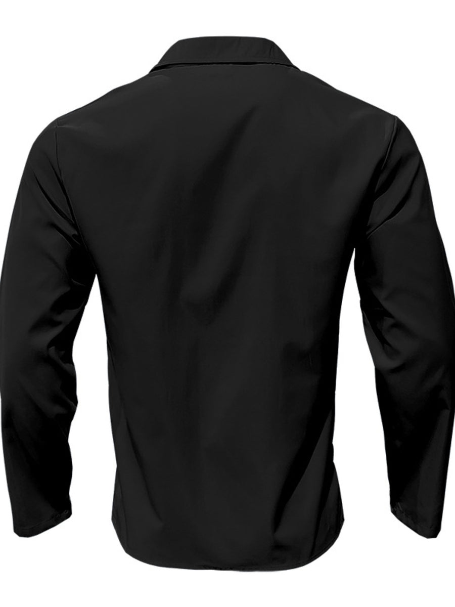 Black long-sleeve men's casual button-down shirt, cotton blend, collared neckline.